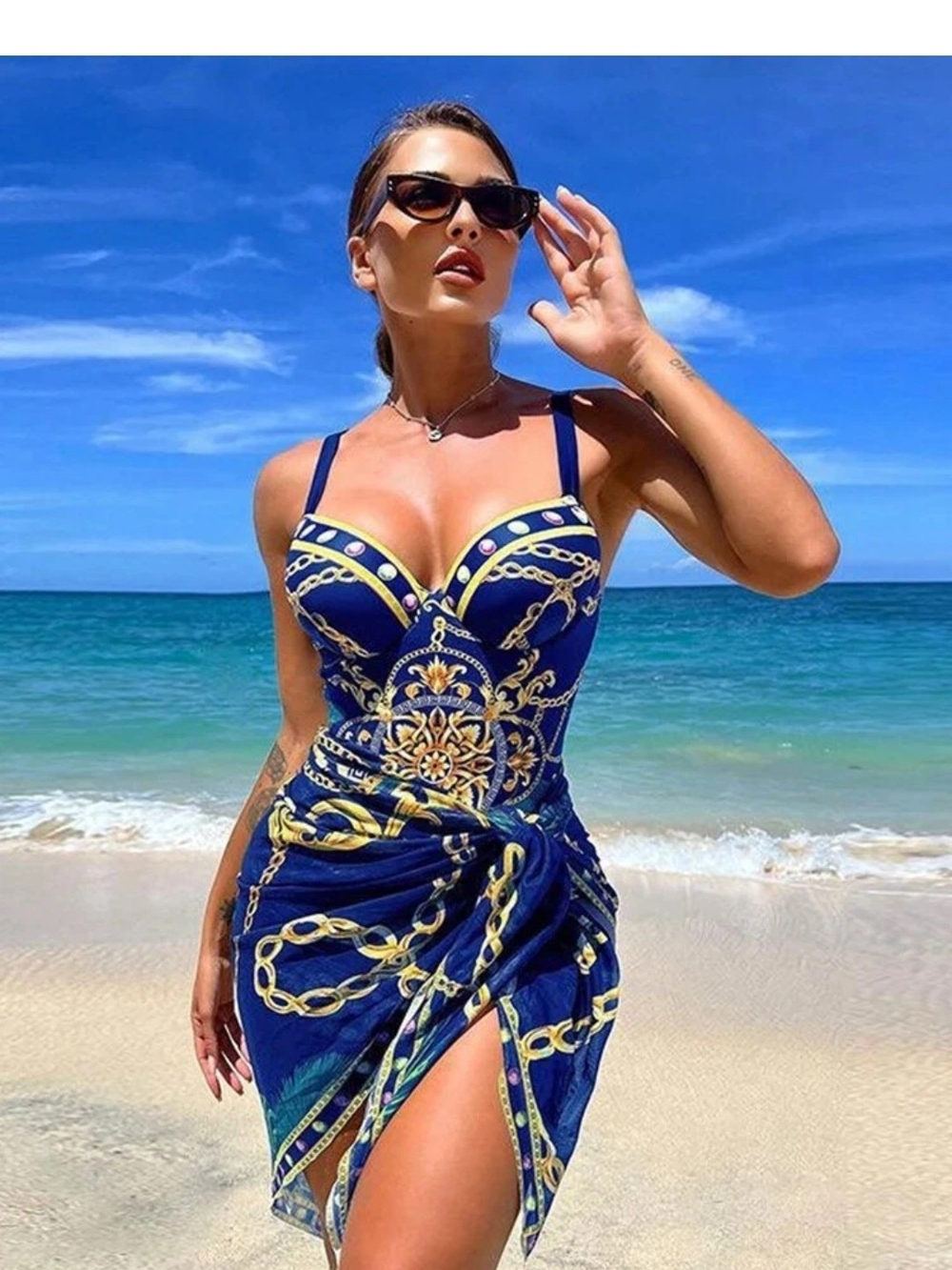Underwire Blue Chain & Palm Print  One-Piece Swimsuit with Sarong Size S